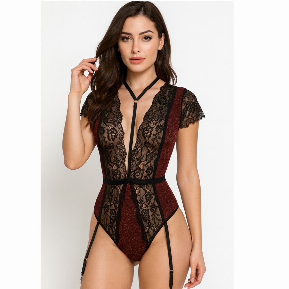 Glitter Lace Teddy‎ Bodysuit w/ Garters Harness